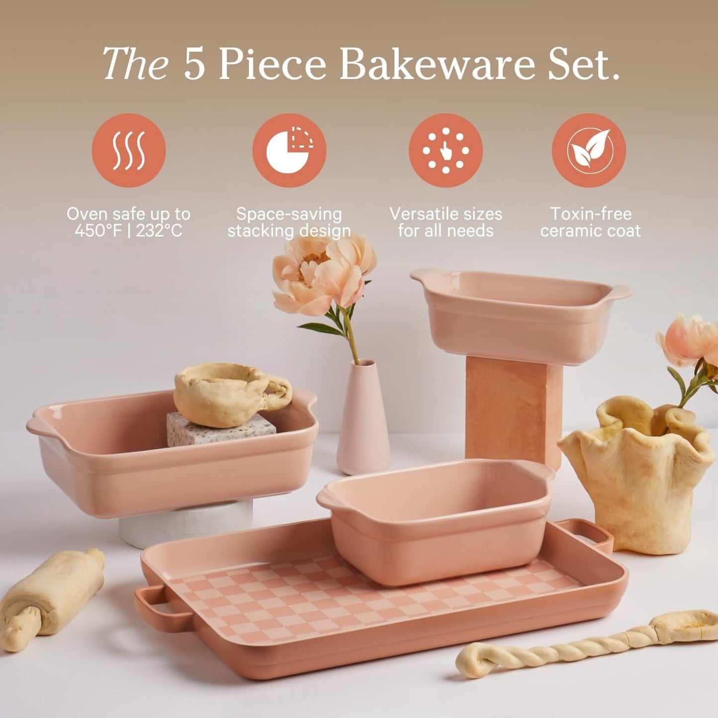 Bakeware Set | 5-Piece Nonstick, Toxin-Free, Ceramic, Cast Aluminum Set with Oven Pan, Bakers, & Oven Mat