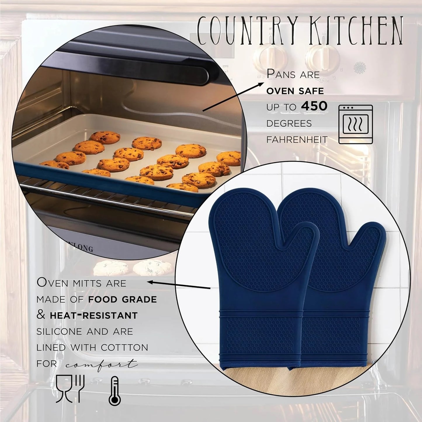 Country Kitchen 13-Piece Nonstick Cookware and Bakeware Set - Pots and Pans Collection with Stackable Design, Denim