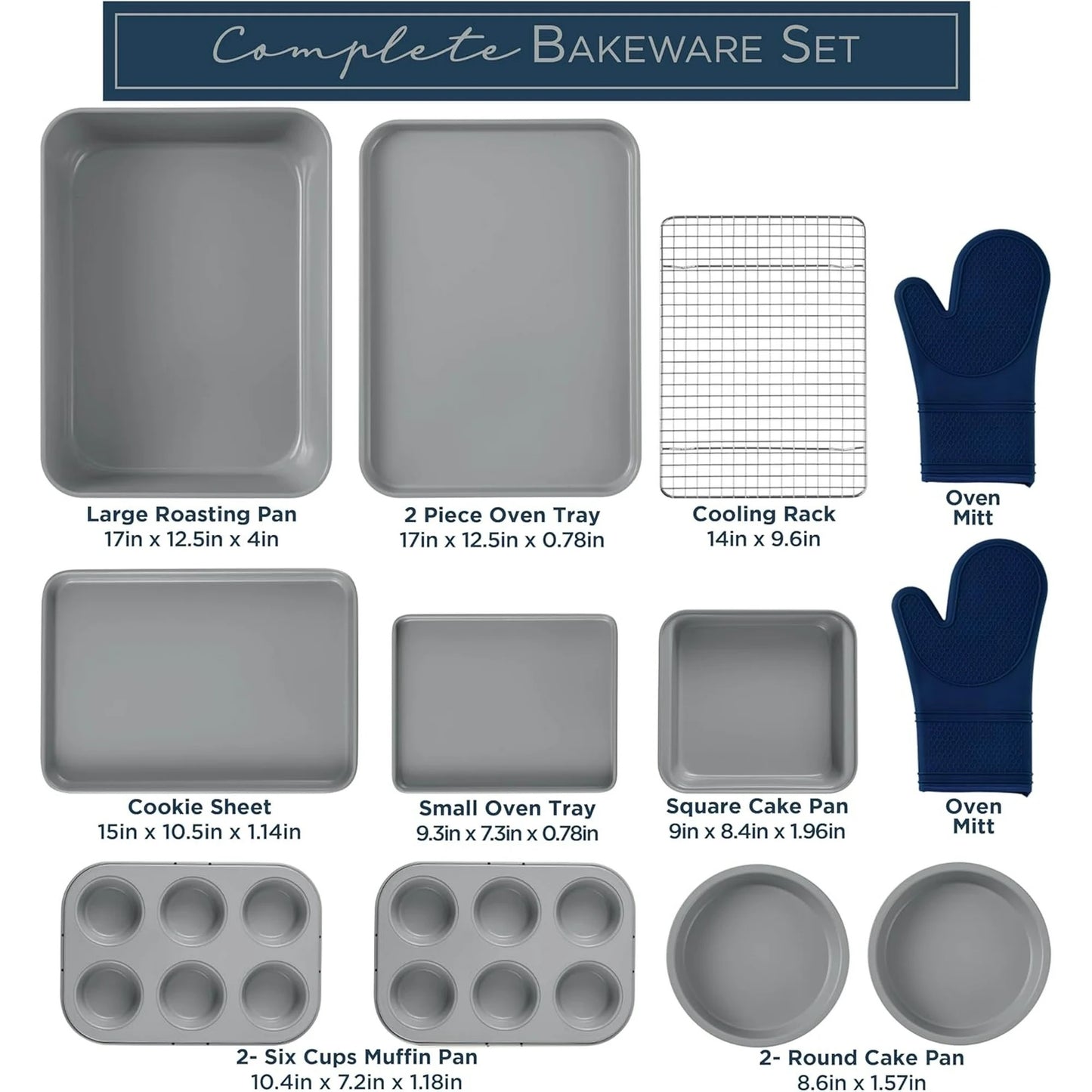 Country Kitchen 13-Piece Nonstick Cookware and Bakeware Set - Pots and Pans Collection with Stackable Design, Denim