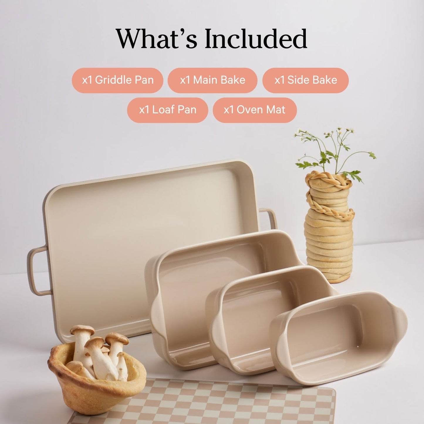 Bakeware Set | 5-Piece Nonstick, Toxin-Free, Ceramic, Cast Aluminum Set with Oven Pan, Bakers, & Oven Mat