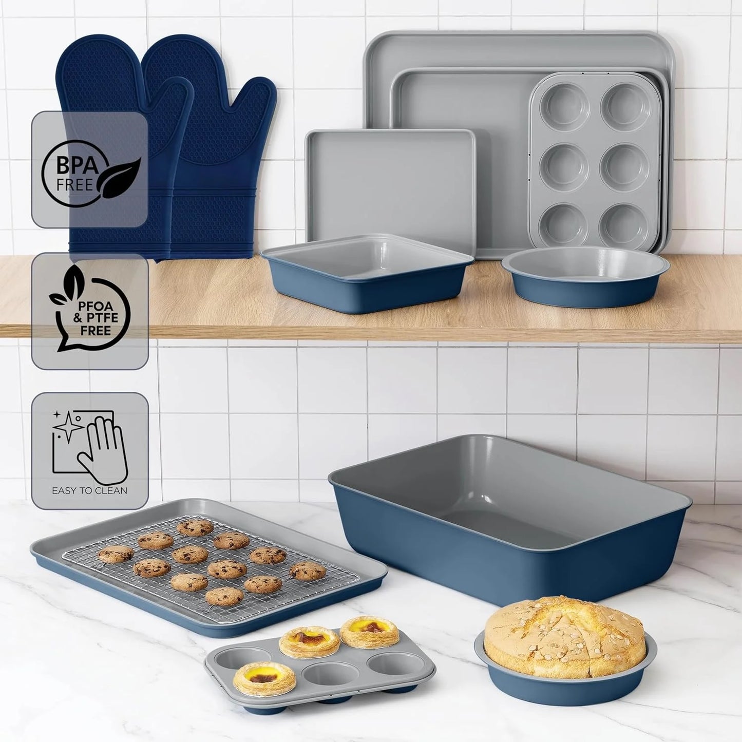 Country Kitchen 13-Piece Nonstick Cookware and Bakeware Set - Pots and Pans Collection with Stackable Design, Denim