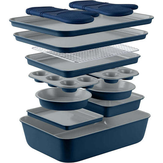 Country Kitchen 13-Piece Nonstick Cookware and Bakeware Set - Pots and Pans Collection with Stackable Design, Denim