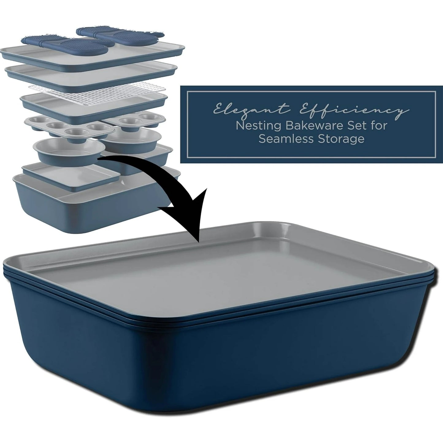 Country Kitchen 13-Piece Nonstick Cookware and Bakeware Set - Pots and Pans Collection with Stackable Design, Denim